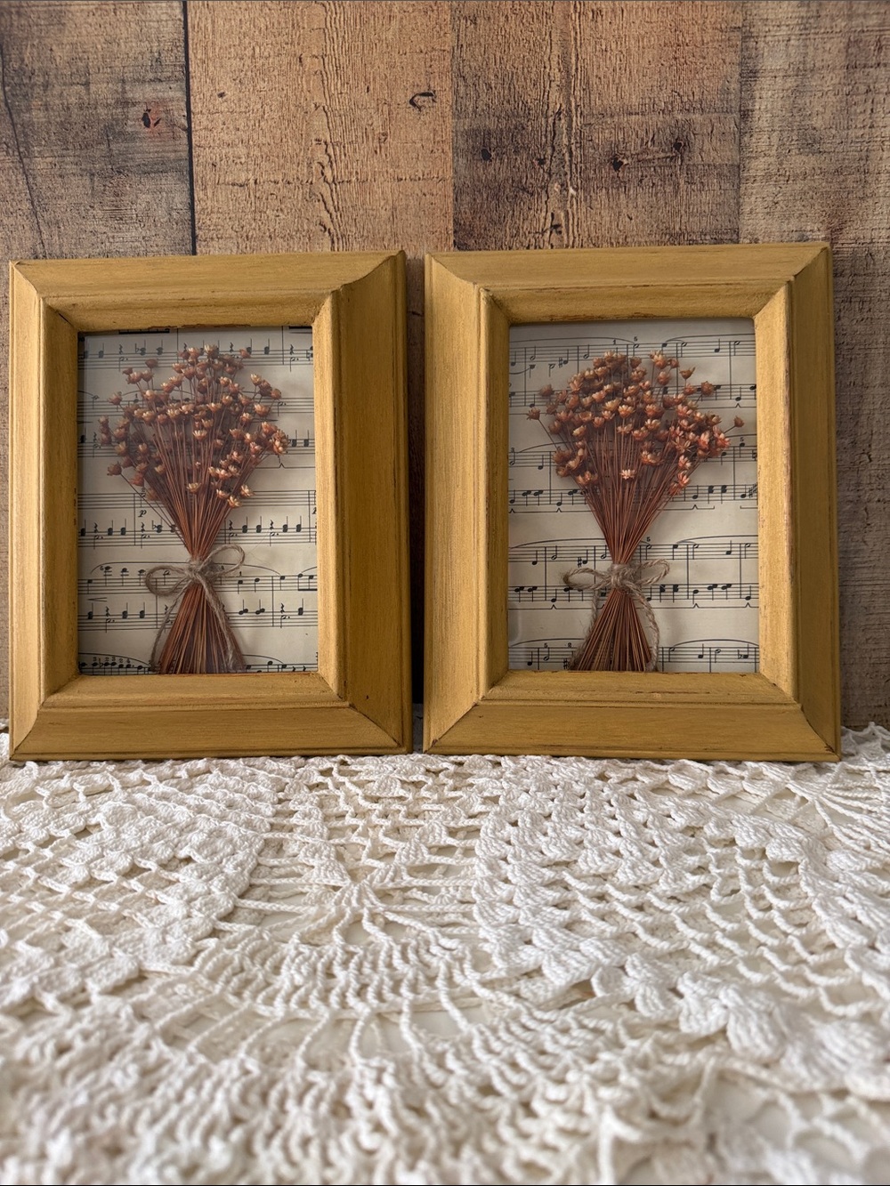 Set of Wooden Shadow Box Framed Dried Florals with Music Paper